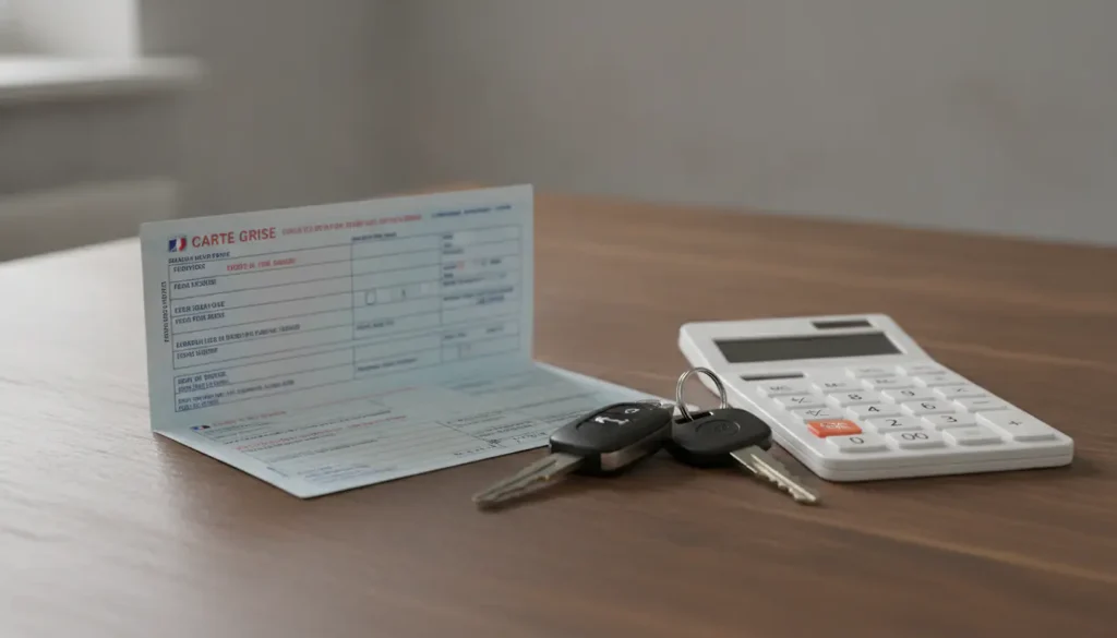 Carte grise française et clés de voiture posées sur un bureau en bois avec une calculatrice, lumière naturelle