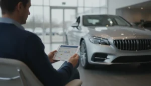 Personne consultant une simulation de crédit auto sur tablette dans une concession automobile moderne