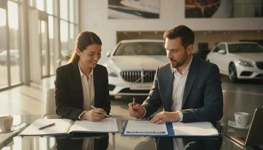 Conseiller en concession automobile présentant un contrat de financement taux zéro à un client, voiture neuve visible en arrière-plan