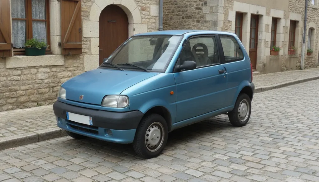 Voiture sans permis Aixam bleue garée dans une rue pavée de village français, photographie réaliste lumière naturelle
