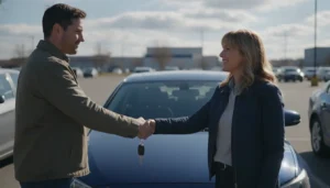 Vendeur et acheteur se serrant la main lors d'une vente de voiture d'occasion dans un parking, clés de voiture en main