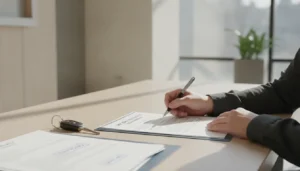 Personne signant un contrat de rachat de crédit auto sur un bureau de banque avec clés de voiture et documents