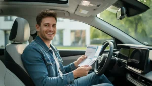 Jeune conducteur souriant dans sa voiture tenant des documents d'assurance auto