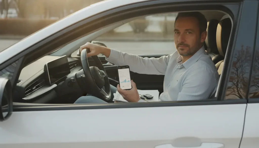 Auto-entrepreneur au volant d'une voiture moderne, simulateur de crédit auto sur smartphone, lumière naturelle réaliste