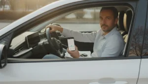 Auto-entrepreneur au volant d'une voiture moderne, simulateur de crédit auto sur smartphone, lumière naturelle réaliste