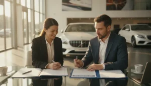 Conseiller en concession automobile présentant un contrat de financement taux zéro à un client, voiture neuve visible en arrière-plan