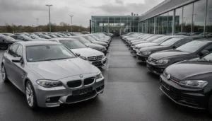Rangée de voitures d'occasion premium BMW Mercedes Volkswagen dans un parc automobile en Allemagne