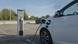 Voiture électrique compacte d'occasion branchée sur une borne de recharge dans un parking extérieur ensoleillé