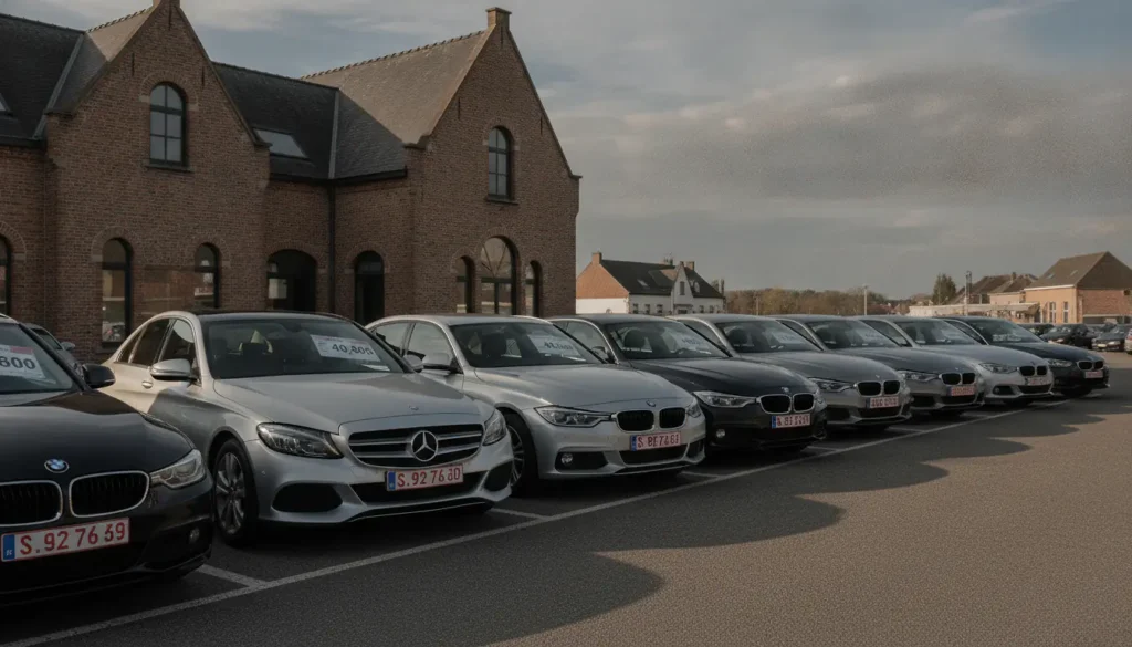 Rangée de voitures d'occasion sur le parking d'une concession belge avec plaques d'immatriculation belges