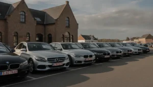 Rangée de voitures d'occasion sur le parking d'une concession belge avec plaques d'immatriculation belges