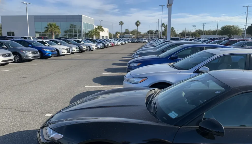 Parking de concessionnaire avec rangées de voitures d'occasion sous lumière naturelle, photographie réaliste