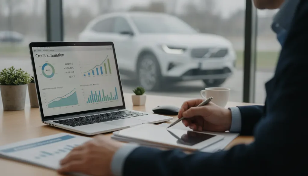 Simulation de crédit automobile sur écran d'ordinateur, graphiques de taux d'intérêt et mensualités, bureau bancaire professionnel, photographie réaliste