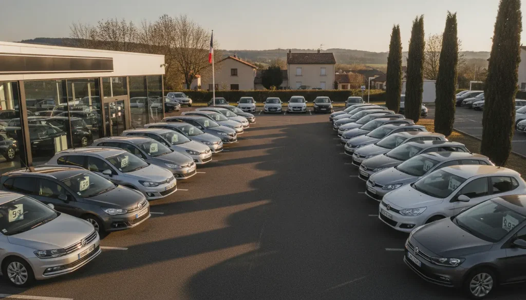 Garage de vente de voitures d'occasion avec rangée de véhicules exposés sous lumière naturelle et étiquettes de prix sur les pare-brise