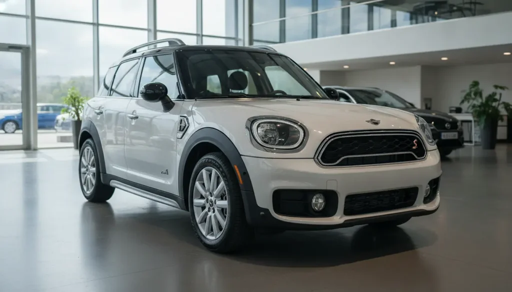 Mini Cooper Countryman F60 blanche garée dans une concession automobile, vue trois quarts avant