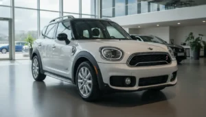 Mini Cooper Countryman F60 blanche garée dans une concession automobile, vue trois quarts avant