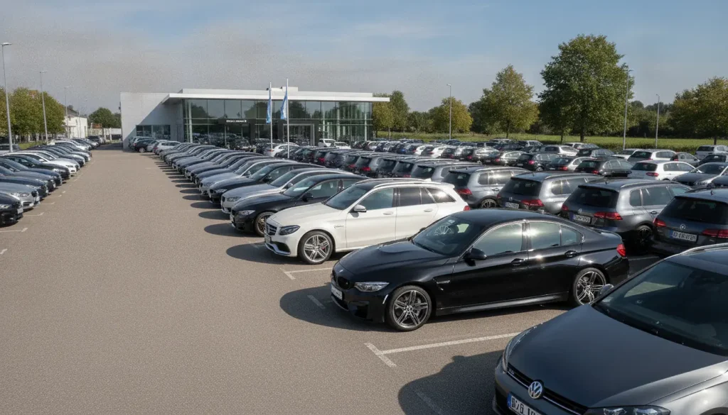 Rangée de voitures d'occasion allemandes dans un grand parc automobile, modèles premium BMW et Mercedes alignés devant un concessionnaire