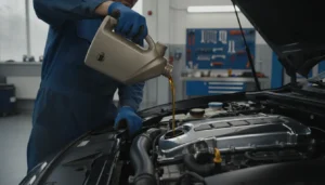 Mécanicien versant de l'huile moteur dans un moteur ouvert dans un atelier automobile