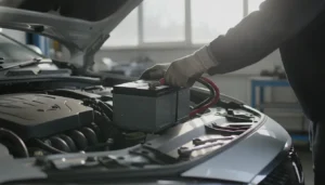 Mécanicien qui installe une nouvelle batterie de voiture sous le capot