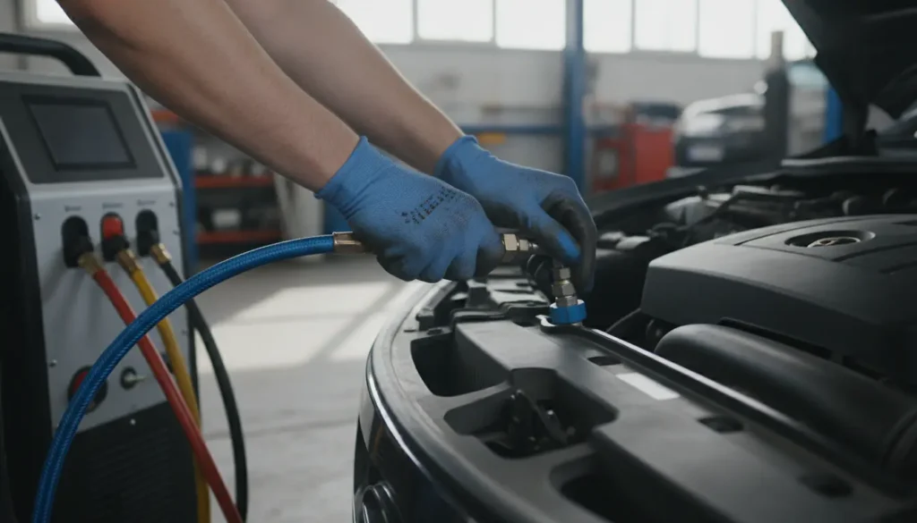 Technicien effectuant une recharge de climatisation sur une voiture dans un garage