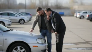 Acheteur et vendeur examinant ensemble une voiture d'occasion avant de négocier le prix